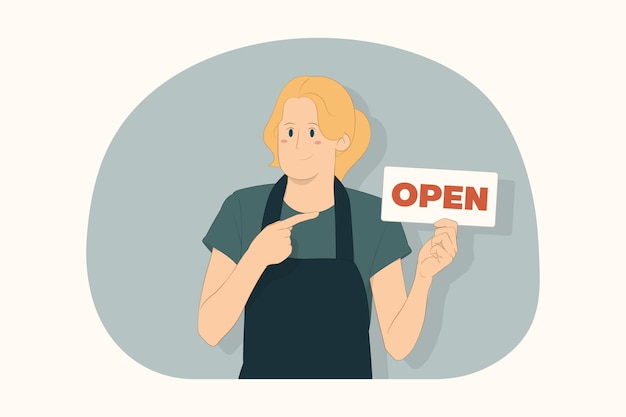 Young bartender woman pointing index finger on sign with OPEN title concept