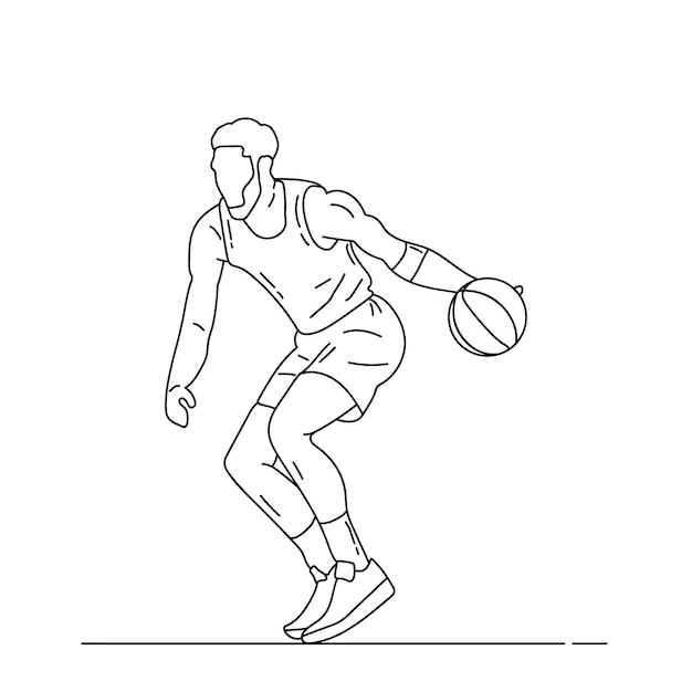 Young basketball player holding a basketball ball Vector outline illustration isolated on white background