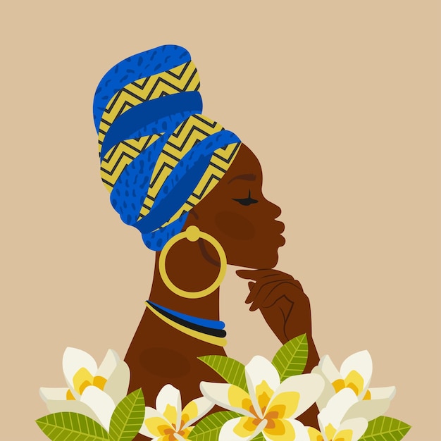 Young beautiful black woman African American girl with plumeria flowers Female ethnicity character in national dress Portrait art Vector cartoon flat Illustration for avatar fashion card