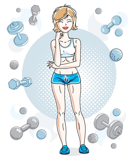 Young beautiful blonde athletic woman posing on simple background with dumbbells and barbells. Vector illustration of attractive female.  Active and healthy lifestyle theme cartoon.