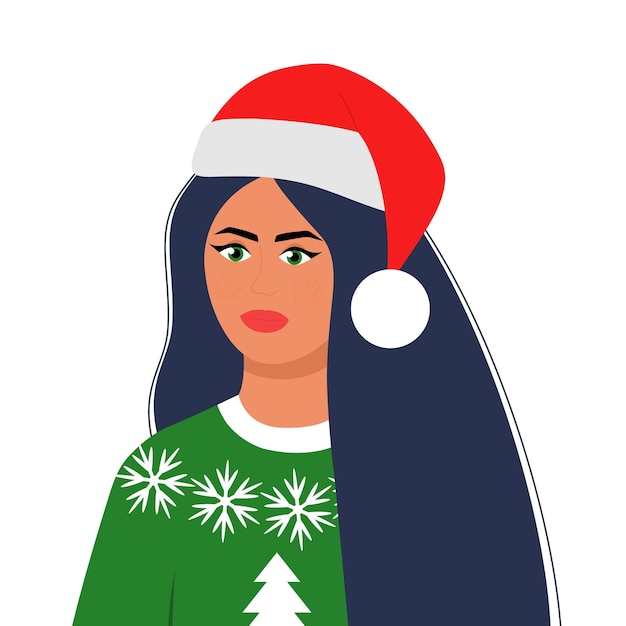 Young beautiful brunette woman in christmas santa hat and sweater with snowflakes and christmas tree