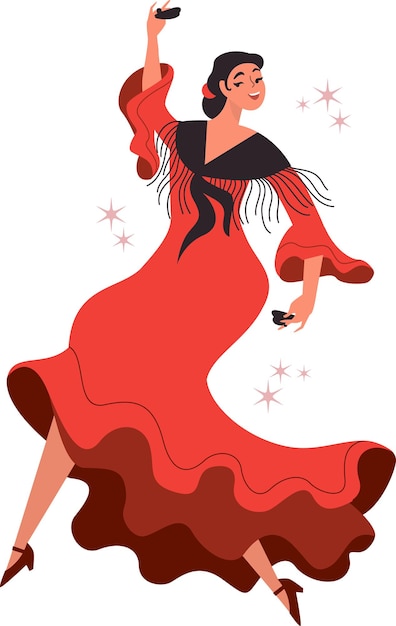 Vector young beautiful flamenco dancer woman in red traditional spanish dress dancing with castanets