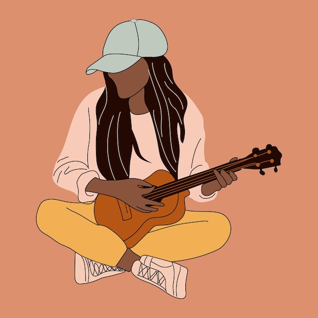 Young beautiful woman plays a guitar. Hand drawn Vector illustrations