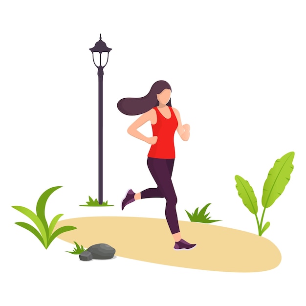 Young beautiful woman running in city park Girl jogging Park plants and street lamp