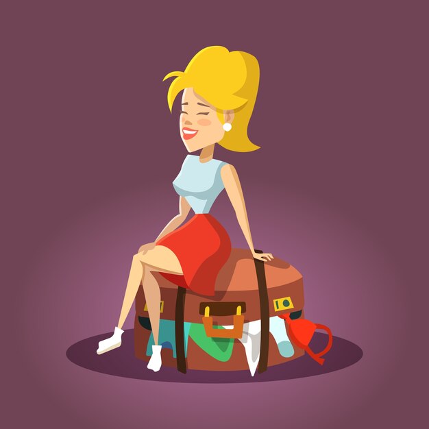 Vector young beautiful woman sitting on overflowed suitcase. cartoon tourist girl. 