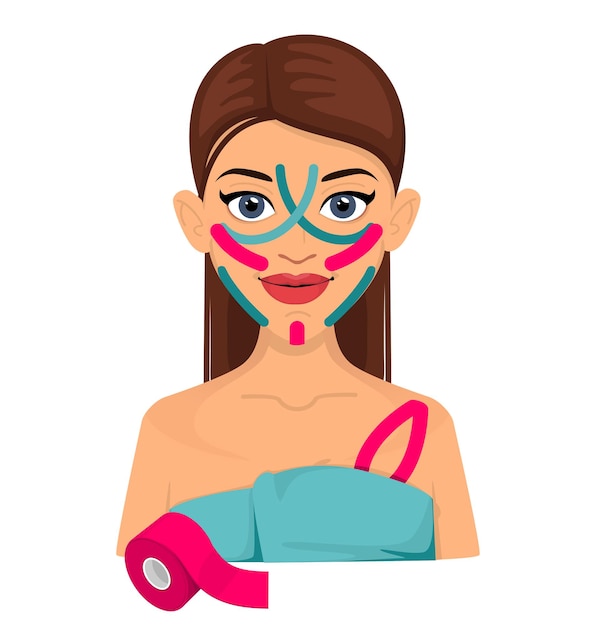 Young beautiful woman with kinesiology tape on her face, tightening the skin, smoothing wrinkles on the face, isolated vector illustration.