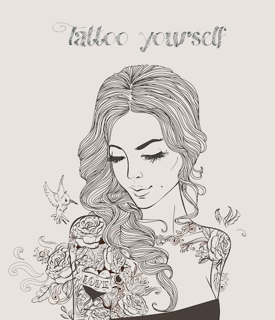 Young beautiful woman with tattoo. vector illustration