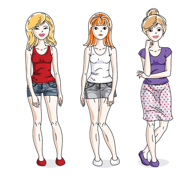 Young beautiful women group standing in stylish casual clothes. Vector characters set.