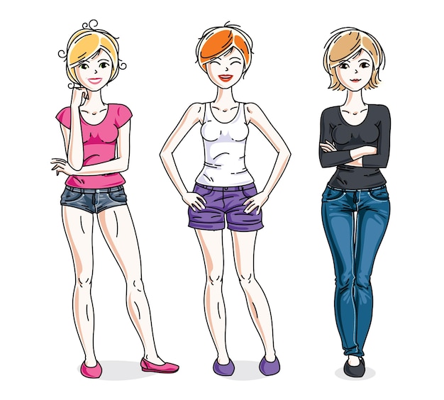 Young beautiful women group standing wearing casual clothes. Vector characters set.