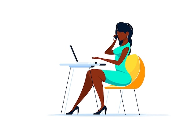 Young black business lady working on laptop at the desk in office. Flat style illustration