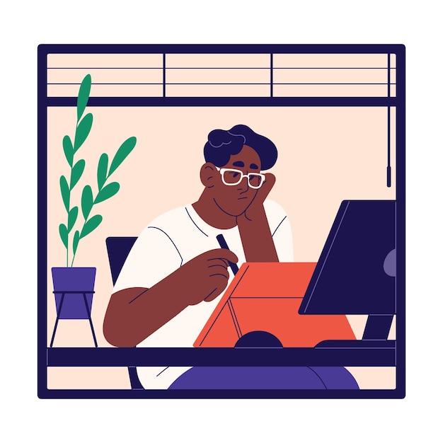 Young black man illustrator work at home office Freelance designer drawing on tablet laptop computer Pensive worker in online business employee at digital design Flat vector illustration