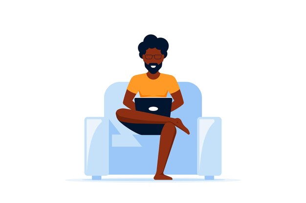 Young black man sitting in chair and working on computer. Remote working, home office, self isolation concept. Flat style.