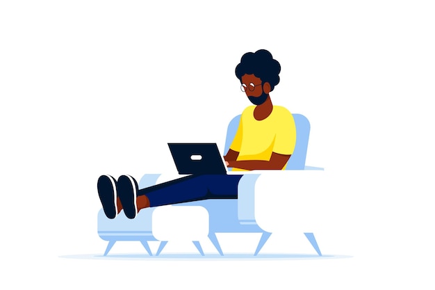 Young black man sitting in chair and working on computer. Remote working, home office, self isolation concept. Flat style.