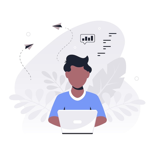 Young black man working on laptop . Freelance, remote working, online studying, work from home concept. Flat style Vector illustration.