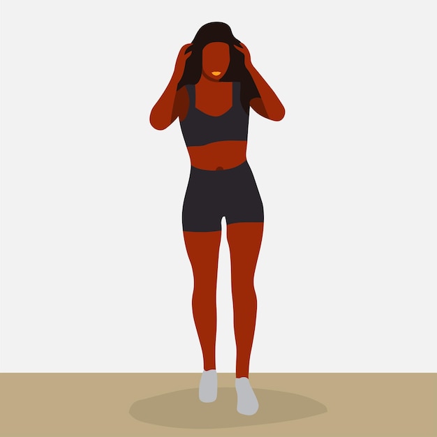 Young black woman in gym wear line art style vector