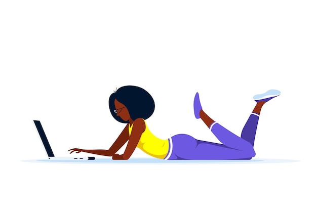 Young black woman at home lying on the floor and working on computer. Remote working, home office, self isolation concept. Flat style illustration.