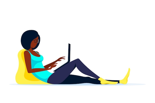 Young black woman at home sitting on the floor and working on computer. Remote working, home office, self isolation concept. Flat style illustration.