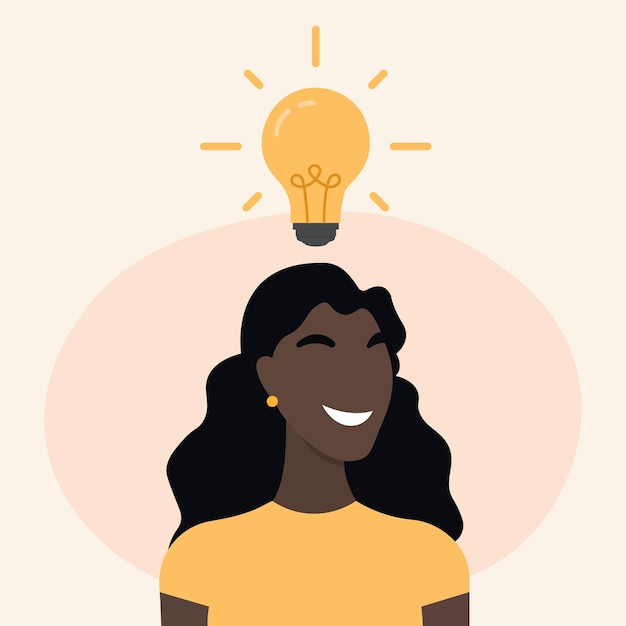 Young black woman and lamp bulb In a flat style on the theme of inspiration with an idea