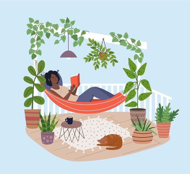 Vector young black woman relaxing in hammock on the terrace reading book