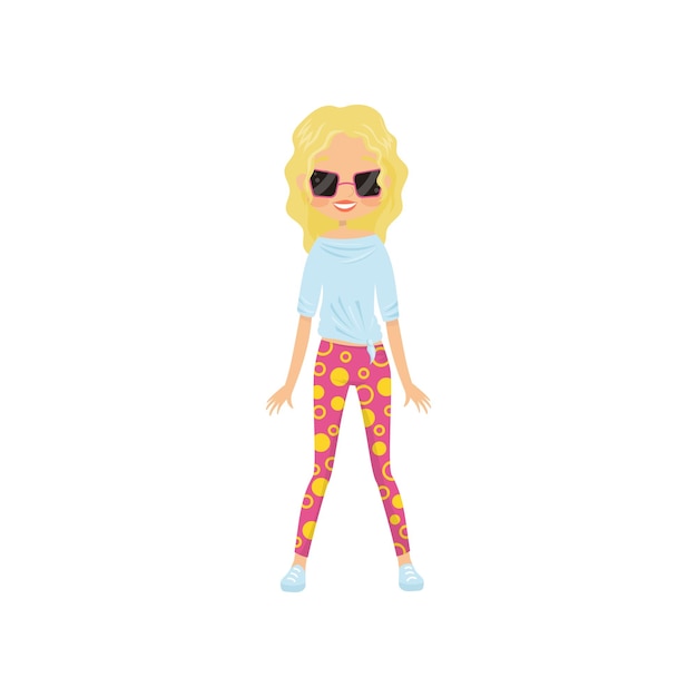 Young blond girl in stylish casual outfit and sunglasses Female character in leggings with pattern blouse and sneakers Flat vector design