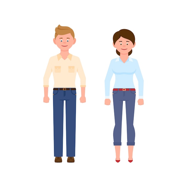 Young blond hair man in jeans and dark brown hair woman in blue pants vector cartoon character set