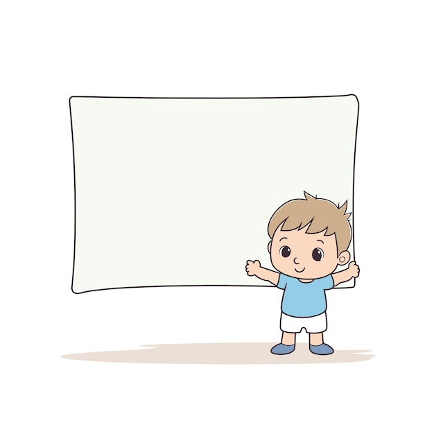 Young boy cartoon character holding large blank banner space text Child presenting empty