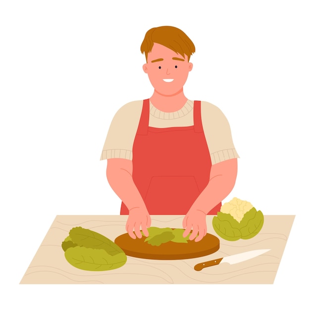 Vector young boy cutting salad