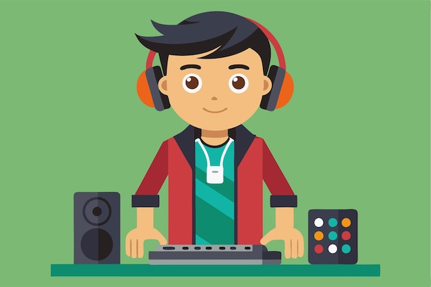 A young boy DJ is mixing tracks with headphones in a lively music studio environment Customizable flat illustration of a DJ boy