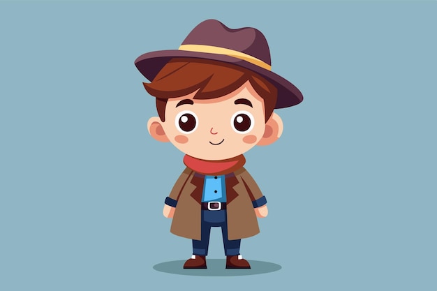 Vector a young boy dressed in a stylish brown hat and a long coat smiles brightly while wearing a red scarf embodying a sense of adventure and fun