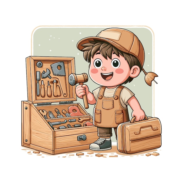 Vector young boy eager to learn the art of carpentry the boy wears overalls and a workshop apron