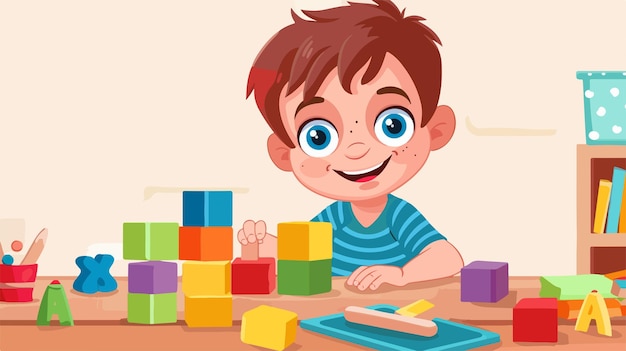 Young Boy Engaged in Play with Wooden Toys on Tablecloth