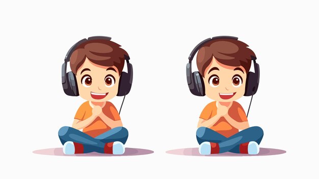 Vector young boy enjoying playing video game with avatar character in flat vector illustration