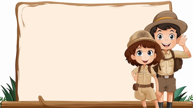 Vector young boy and girl in safari outfit on board template