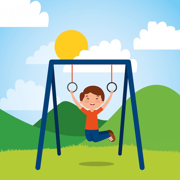 young boy hanging rings bar in the park sunny day