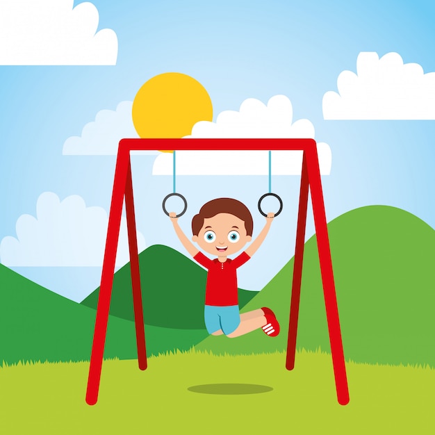 young boy hanging rings bar in the park sunny day