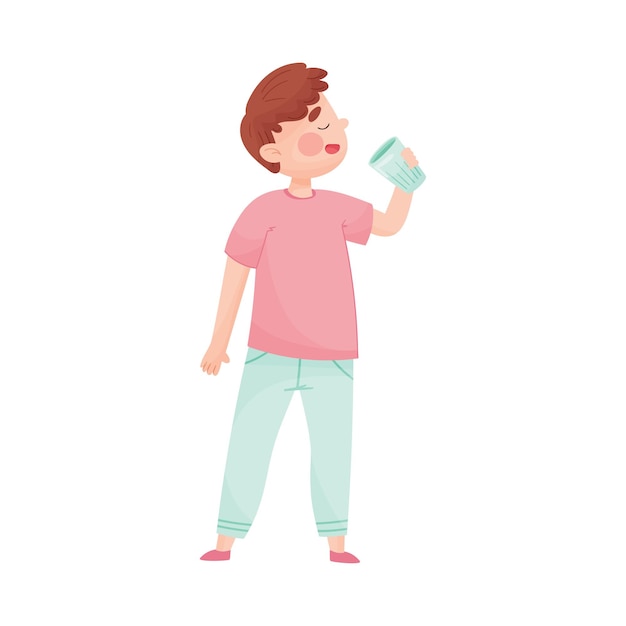 Young boy holding glass of cool water and drinking vector illustration