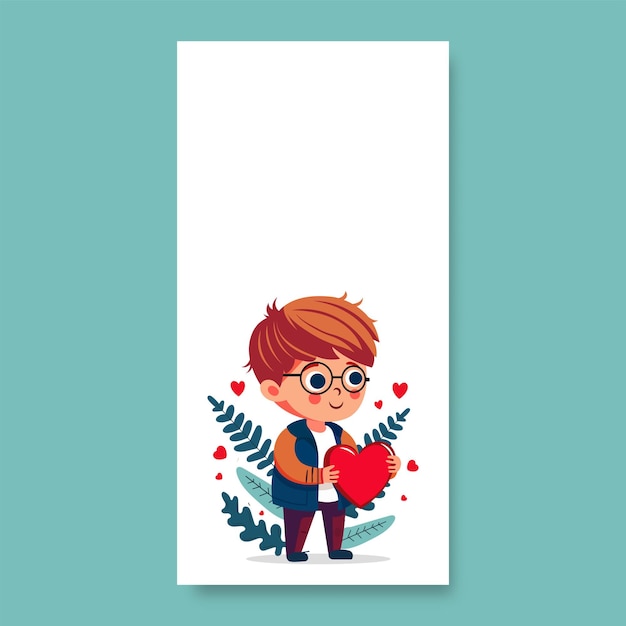 Young Boy Holding Red Heart And Leaves On White Background With Copy Space Vertical Banner Or Template Design