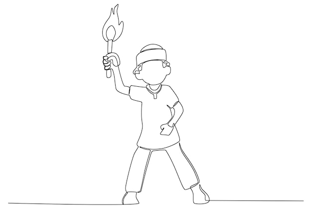 A young boy holding a traditional torch to celebrate Eid alFitr one line art