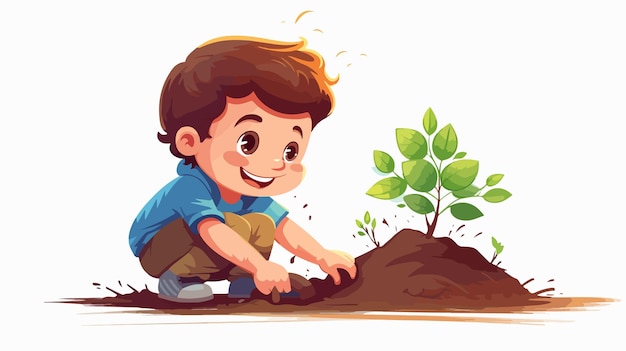 Young Boy Planting Sapling in Pot Vector Illustration