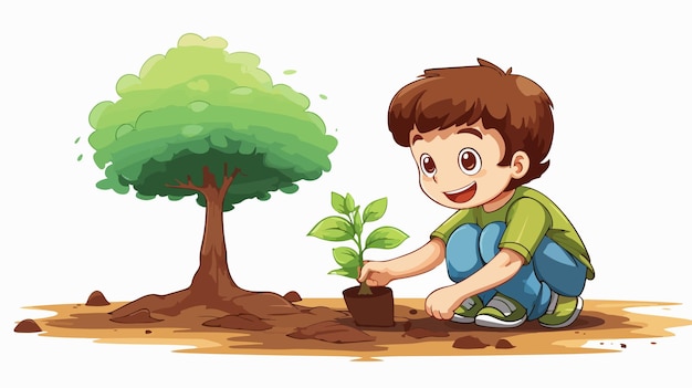 Young Boy Planting Tree in Rustic Farm Illustration