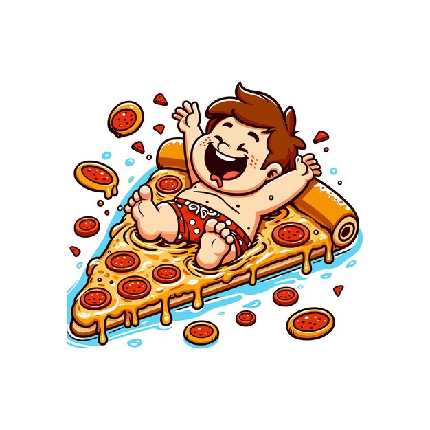 Vector young boy playfully swimming inside a giant slice of pepperoni pizza