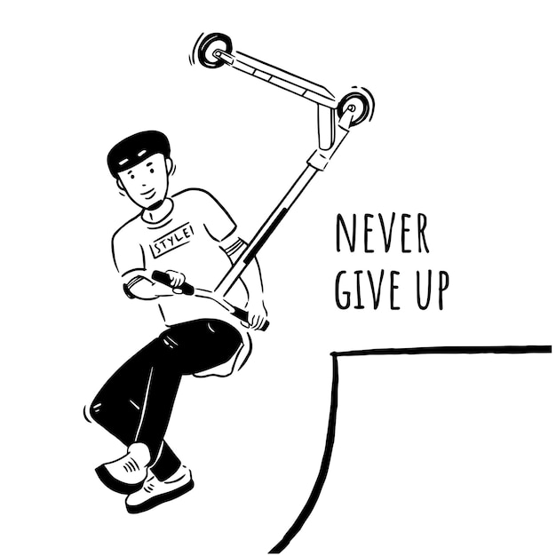 Young boy playing scooter never give up concept illustration