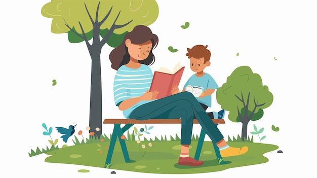 Vector young boy reading book in park childhood education concept