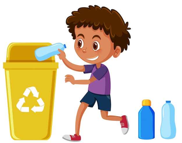 Young boy recycling bottles