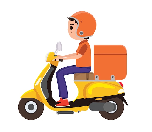 A young Boy riding an orange delivery scooter