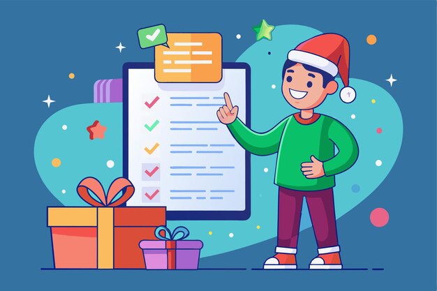 Vector a young boy in a santa hat joyfully making a customizable wish list surrounded by colorful gifts online wishes list customizable cartoon illustration