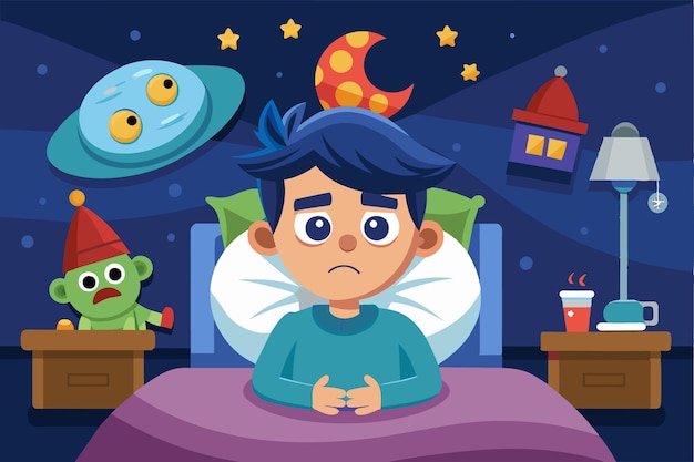 A young boy sits in bed unable to sleep surrounded by playful nighttime figures and a moonlit sky Insomnia Customizable Cartoon Illustration