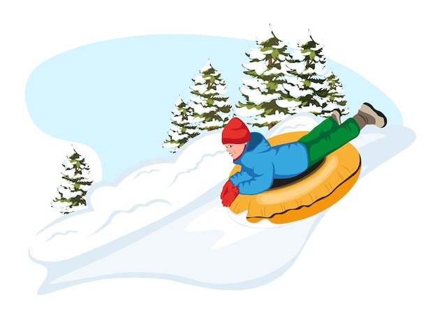 Vector young boy in snow tubing smiling and riding down on slope kid character enjoying of winter activity happy christmas holidays snowy landscape with spruce or fir tree background vector illustration