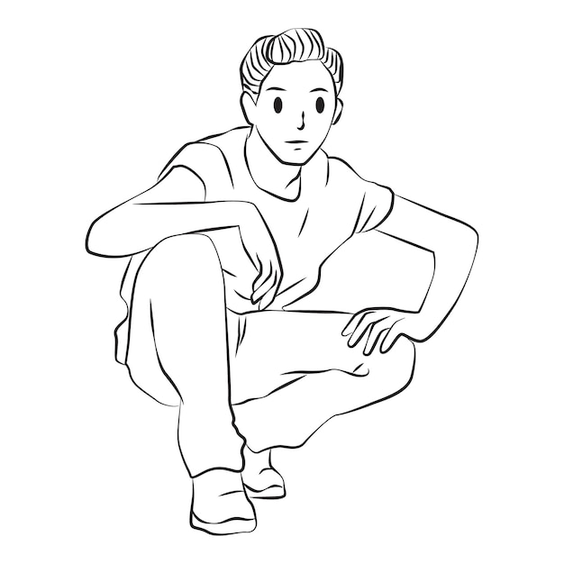 Young boy squat pose line art cartoon people illustration