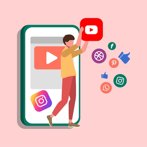 Young boy standing and holding social media icon on smartphone and popular social media icons You tube Pinterest Instagram Facebook and Whatsapp